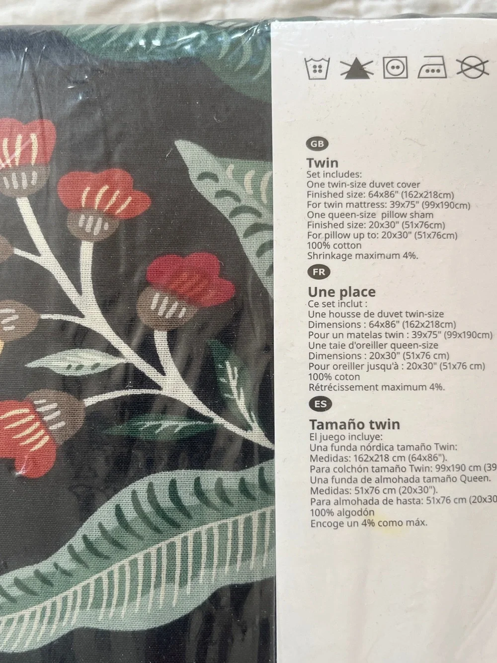 NEW IKEA SAMMETSBLAD Twin Duvet Cover Sham Black Floral Green Red 100% Cotton
